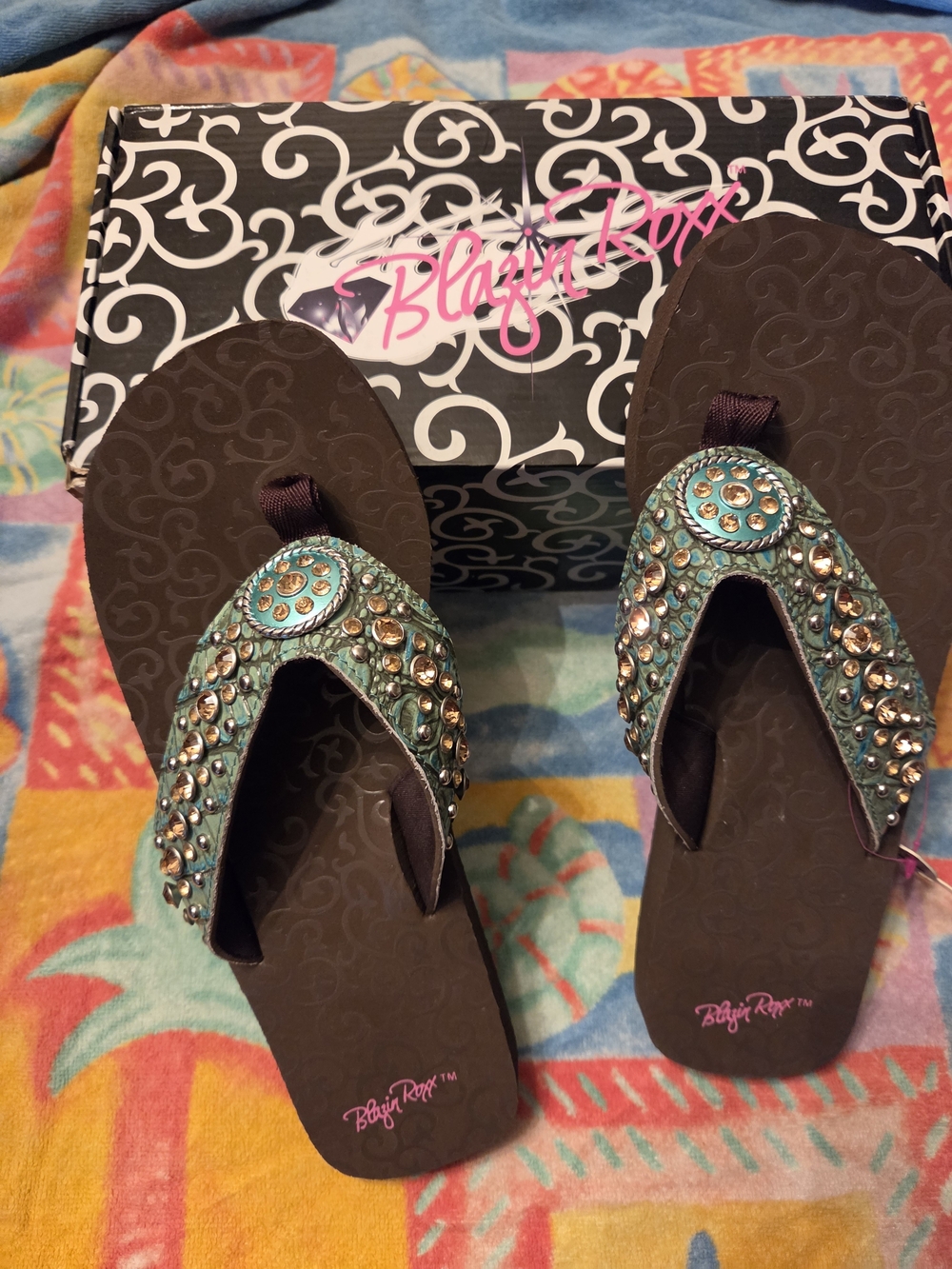 Blazin Roxx Brown Flip Flop Sandals with Turquoise and Gold Rhinestones